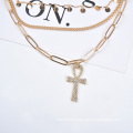 Fashion 3 Layered Necklace For Women With Crucifix Crystal Stone Pendant Necklace